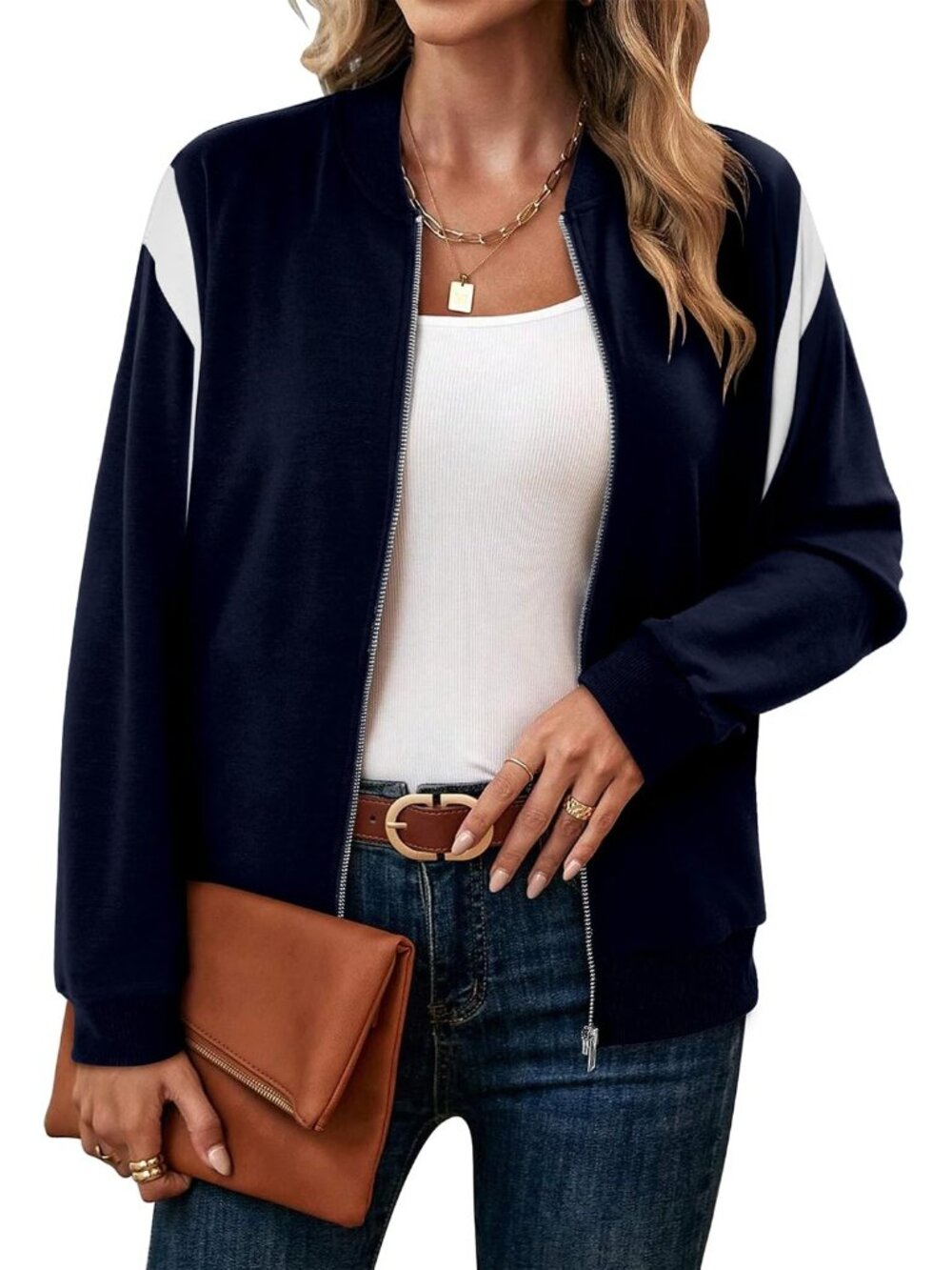 🆕 Women's Navy Blue White Color Block Bomber Jacket Zip Up Casual Coat